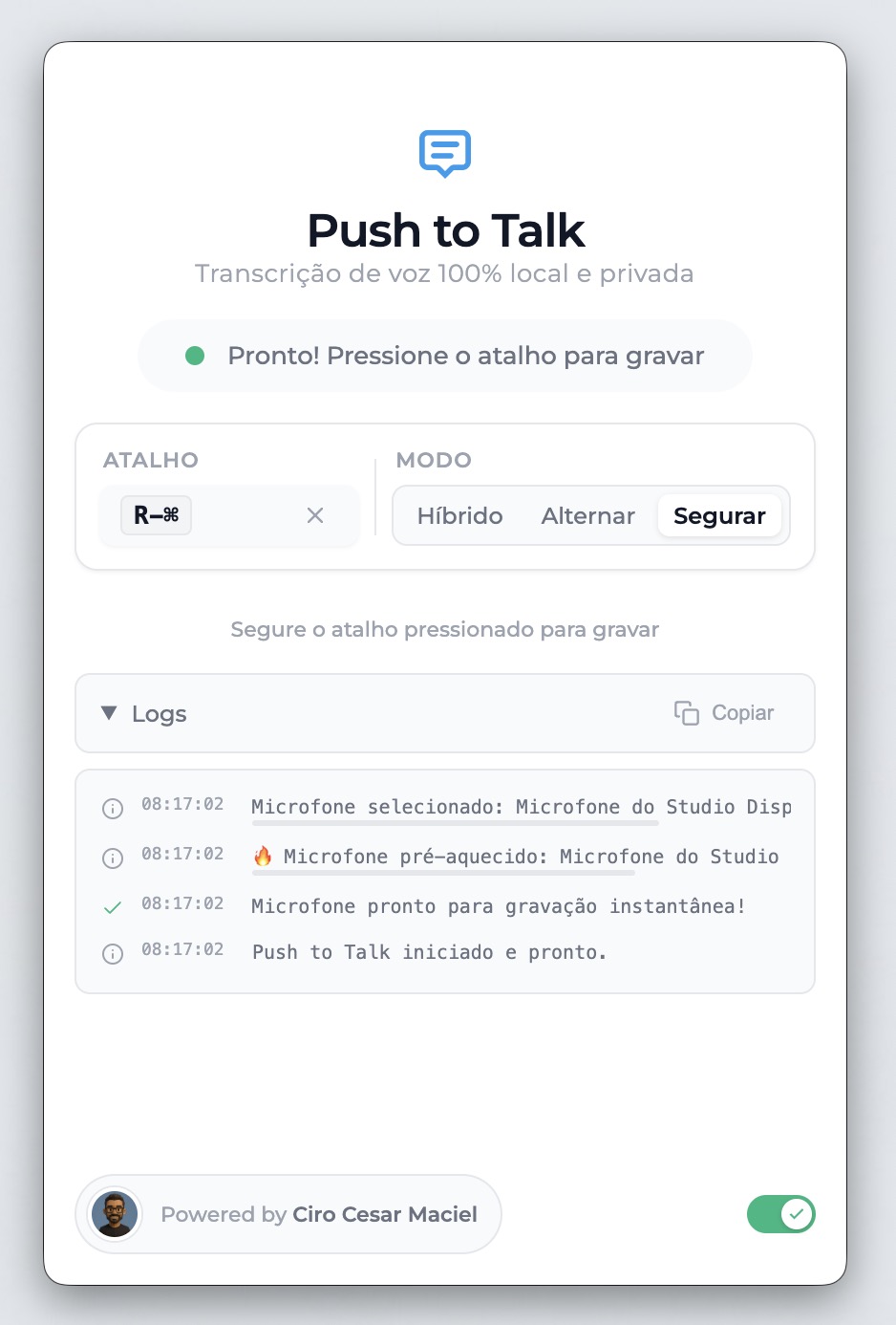 Push to Talk - Interface do aplicativo